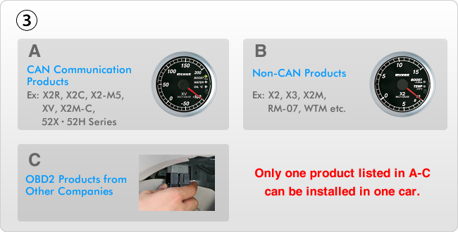 ③ A: CAN Communication Products (Ex: 52X Series, XV, X2M-C, X2S-C) B: Non-CAN Products (Ex: X2, X3, X2M, RM-07, WTM etc.) C: OBD2 Products from Other Companies NOTE: Only one product listed in A-C can be installed in one car.