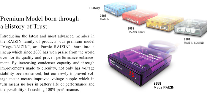 Premium Model born through a History of Trust. Introducing the latest and most advanced member in the RAIZIN family of products, our premium model Mega-RAIZIN, or Purple RAIZIN, born into a lineup which since 2003 has won praise from the world over for its quality and proven performance enhancement.